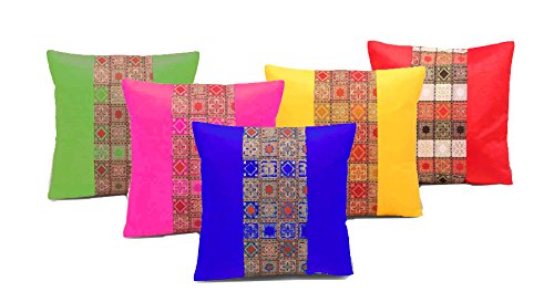 Rastogi Handicrafts Set of 5 Multi Colored Home Bed Cushion Cover Sofa Throw Pillow Zari Brocade Pretty Accent 16