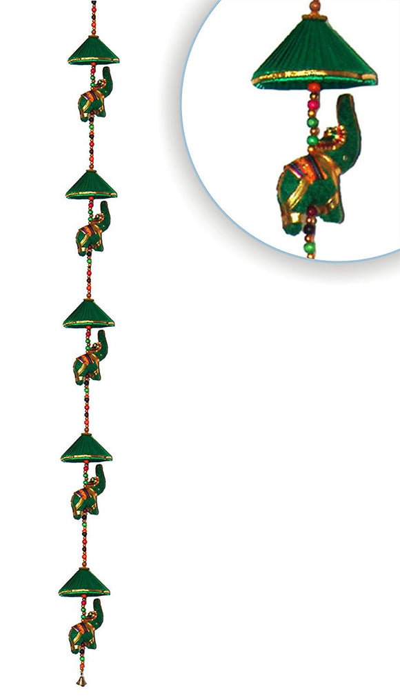 RASTOGI HANDICRAFTS Decorative Cotton Elephant & Circlet Stringed with Color Beads and Brass Wall Hanging Bell GREEN