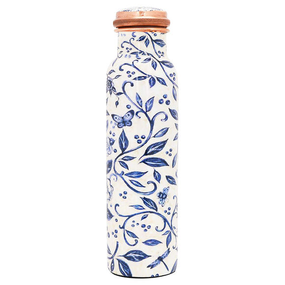 Blue Floral Printed Pure Copper Water Bottle 1000 ml