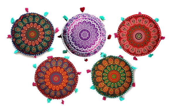 Rastogi Handicrafts Bohemian Ombre Yoga Decor Cushion Cover Round Meditation Pillow - Indian Pouf Organic Cotton - Hand Block Printed Set of 5