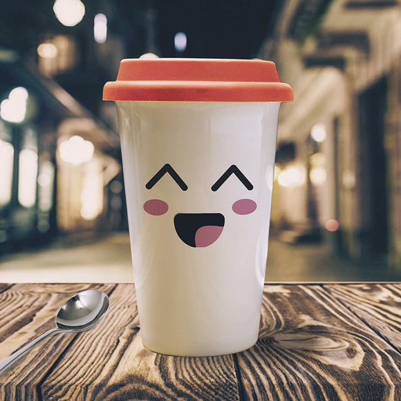 Creative Cartoon Laughing Face Expression Travel Mug Coffee Tumbler 12oz – White