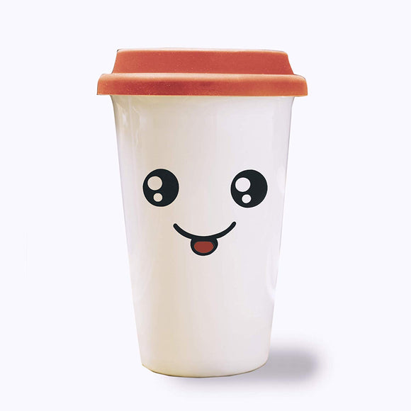 Laughing Face Expression Travel Mug Coffee Tumbler 12oz Design 2– White
